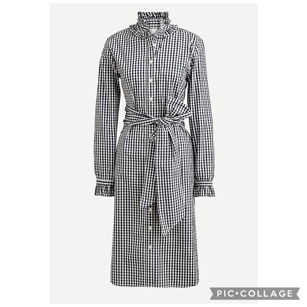 J. Crew Blue Black and White Gingham Ruffle Collar Shirtdress approx size 8 - Picture 12 of 14